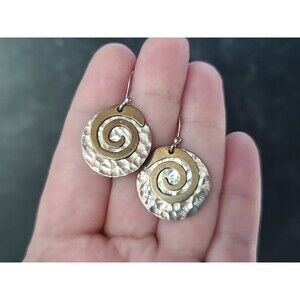 925 Hammered Sterling Silver Brass Swirl Dangling Pierced Earrings Vintage